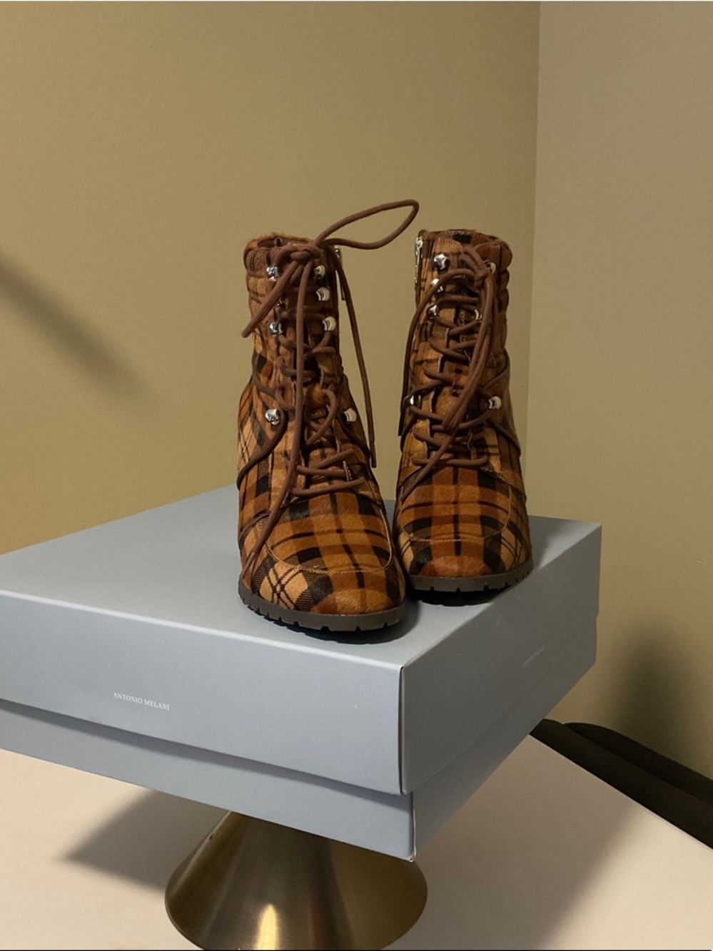 ANTONIO MELANI Tan and Black Plaid Lace-Up Block Heel Ankle Boots - Picture 3 of 5